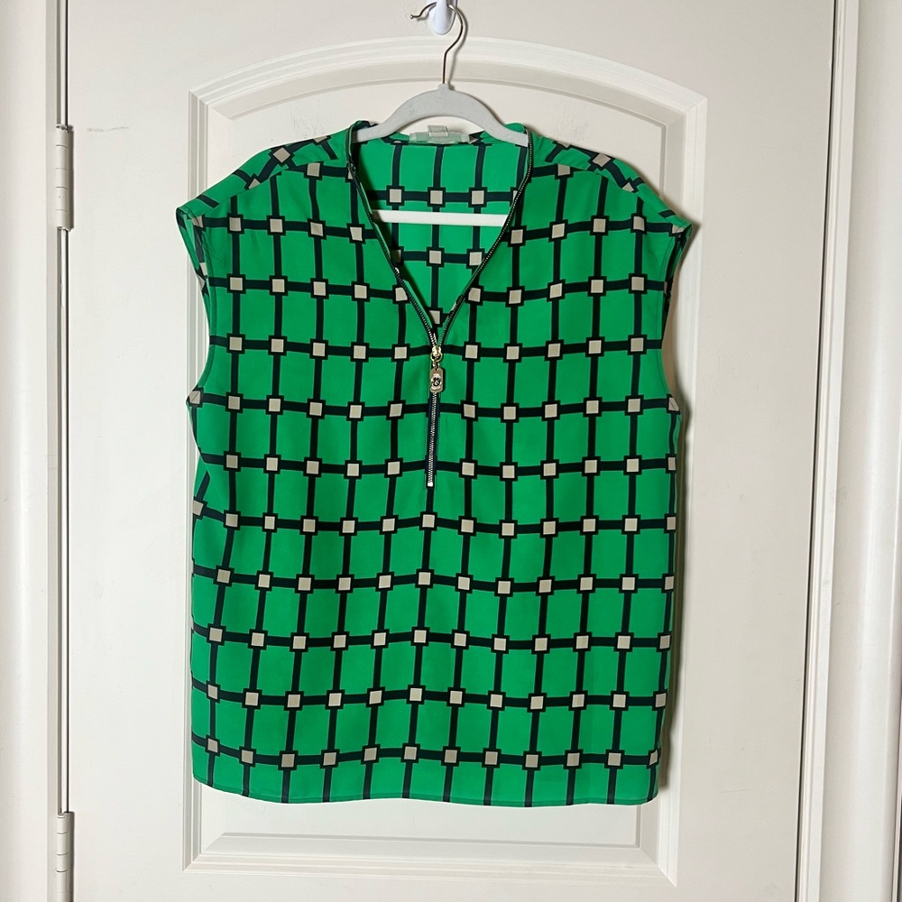 MICHAEL Michael Kors Kelly Green square print zip up front blouse large